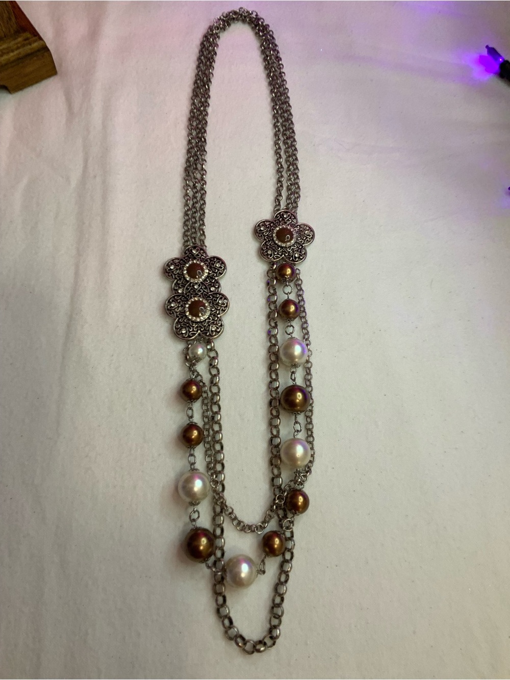 Multi-Strand Pearl & Bronze Beaded Flower Necklace
